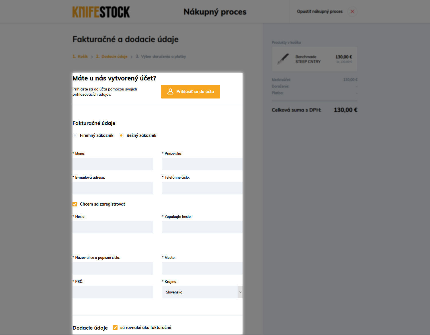navod ako nakupovat na knifestock.sk - dodacie udaje